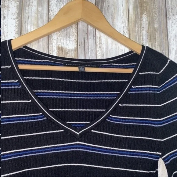 White House Black Market Blue & Black Ribbed Striped Wide Sleeve Blouse - Picture 4 of 5
